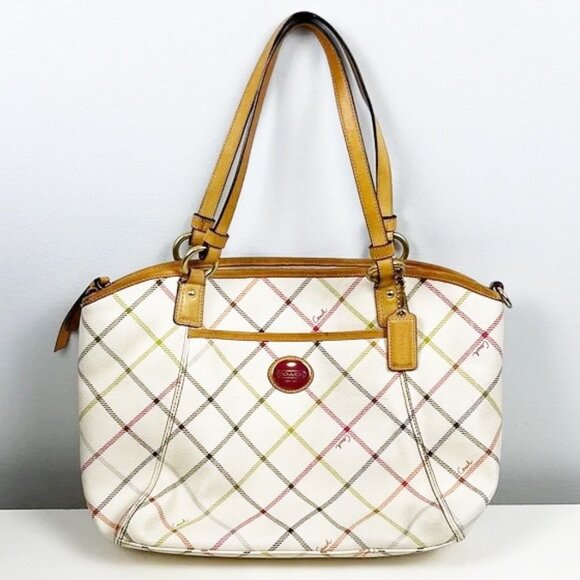 Coach Peyton Tattersall Cream Plaid Tote Bag & Matching Wristlet Set F21924 - Picture 3 of 16